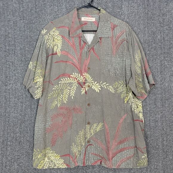 Tommy Bahama Shirt Mens XL Taupe Brown 100% Silk Palm Fronds Hawaiian Button Up - Picture 1 of 13